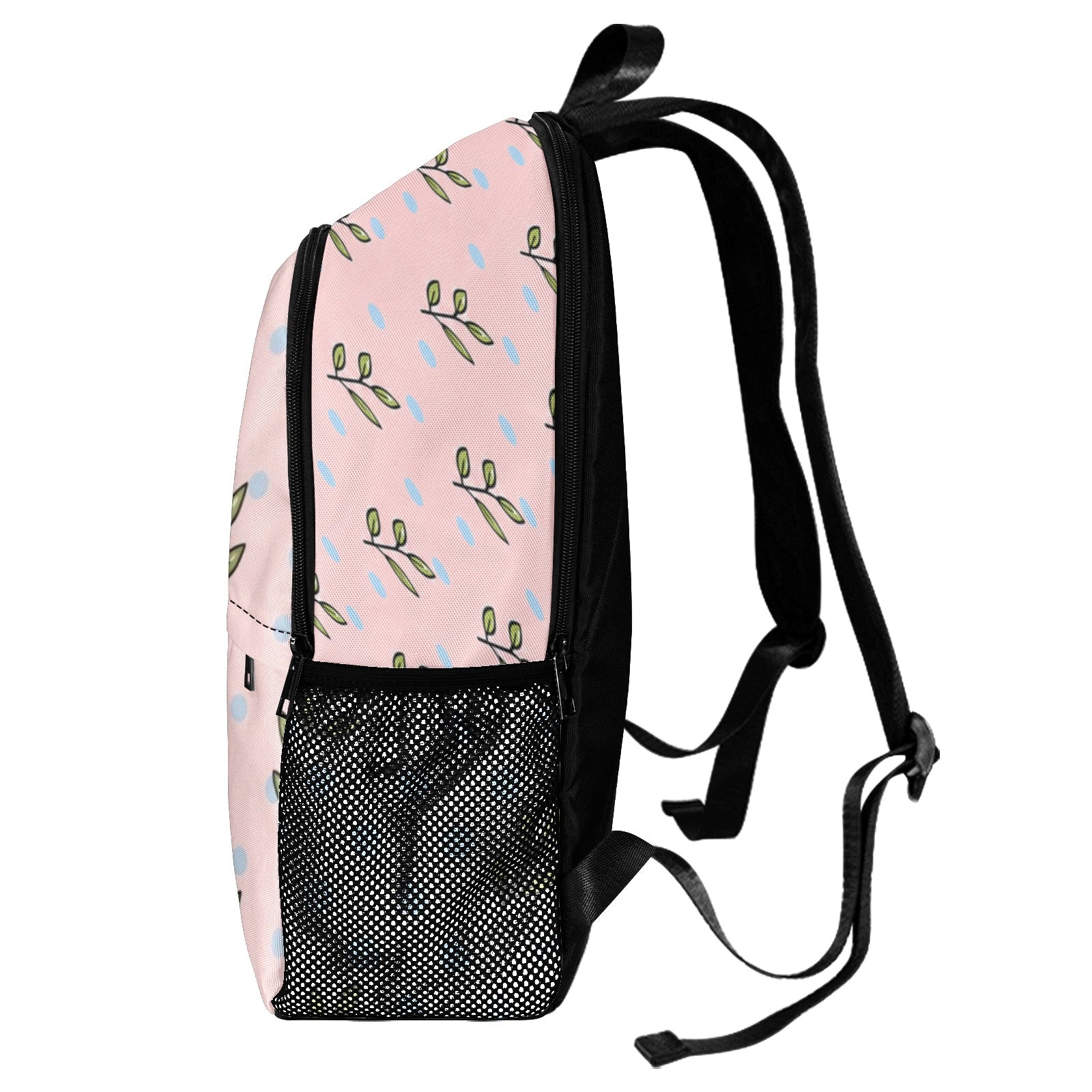 Pink and white girls' backpack with bunny faces, light blue polka dots, and coral ear accents — additional view 9