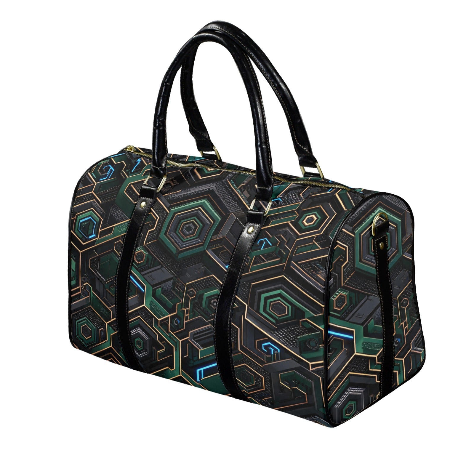 Rich and Rich Green Fractal Evolution PU Leather Travel Bag | Gym, Weekend & Carry-On Duffel Bag
