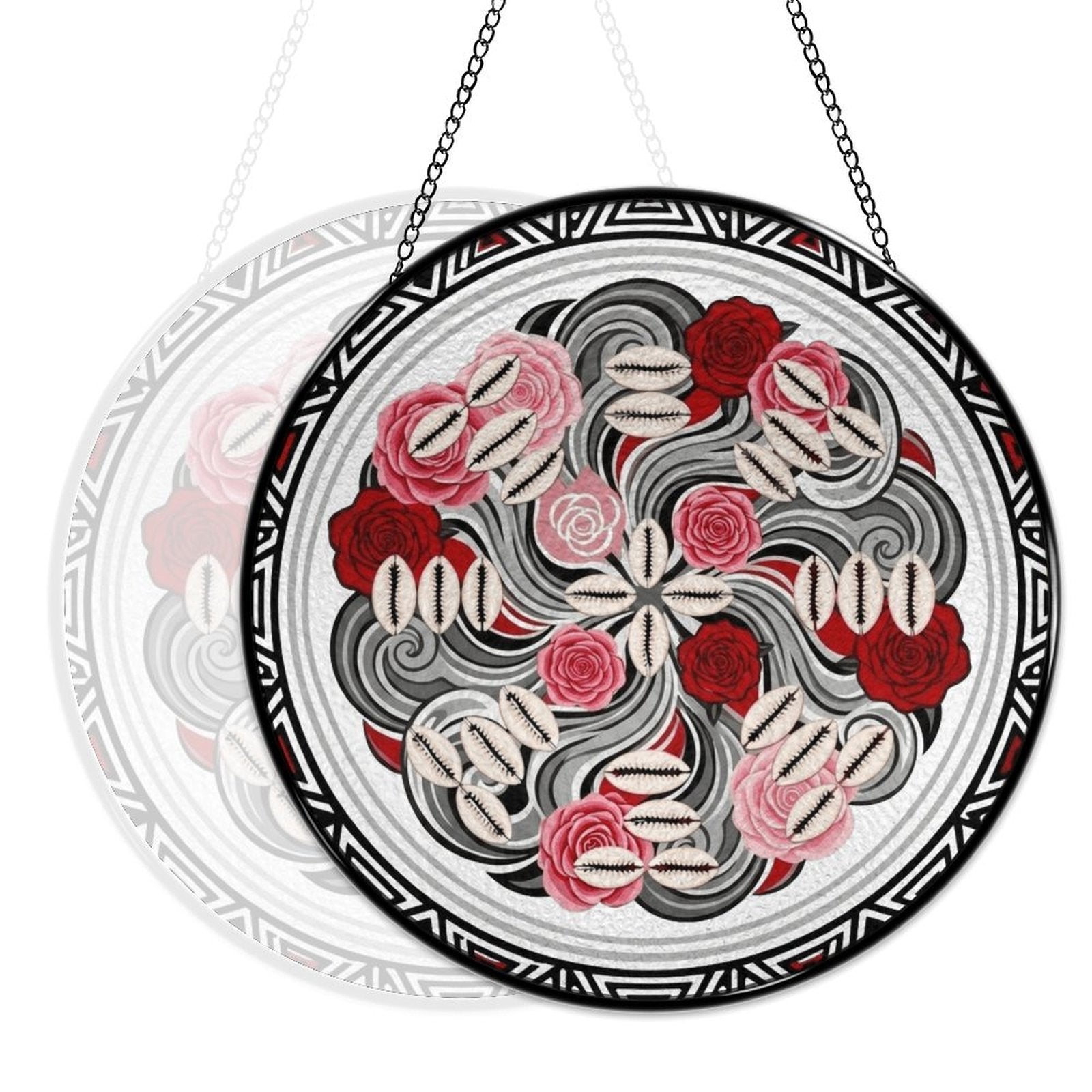 Rose floral glass suncatcher with tribal-inspired artwork and included metal hanging chain — additional view 6