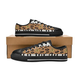 Men’s brown animal-print low-top sneakers with piano and saxophone artwork and streetwear styling — rear view