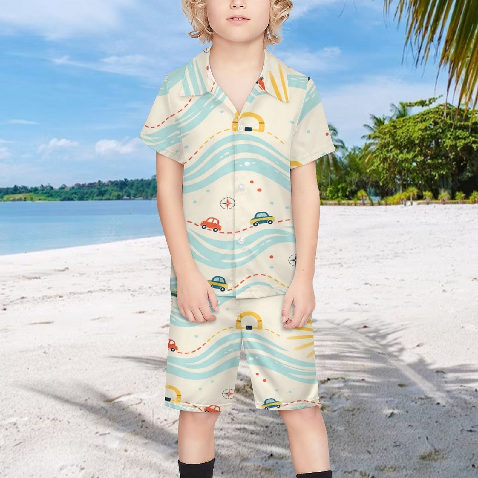 Bright yellow boys' short-sleeve button-up shirt with matching shorts in smooth peach-skin velvet — alternate view