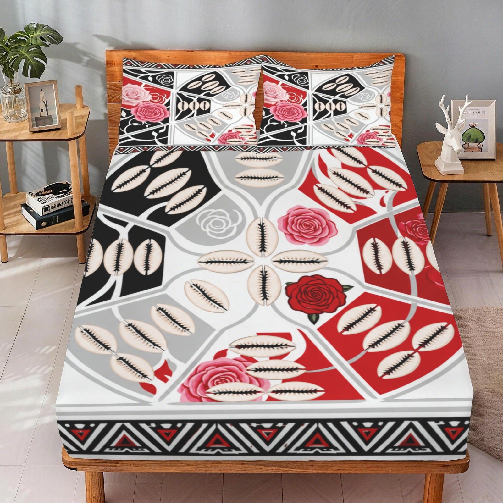 Crimson tribal-pattern queen fitted sheet with two matching pillowcases — alternate view