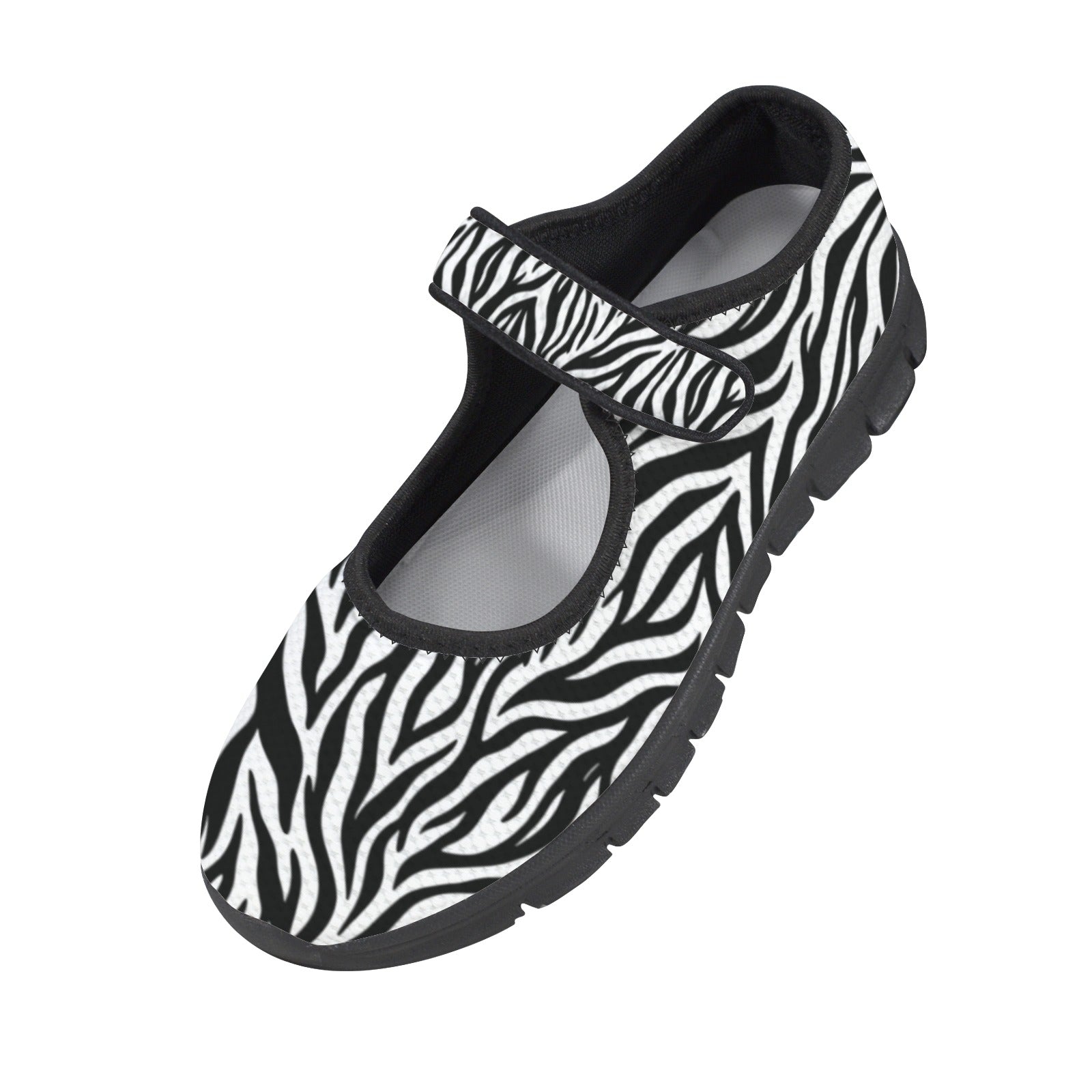 Women's Mary Jane shoes in black and white zebra pattern with Velcro strap and mesh upper — additional view 12