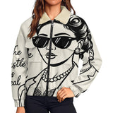 Beige women's fleece jacket with khaki sherpa lining and chest flap pockets