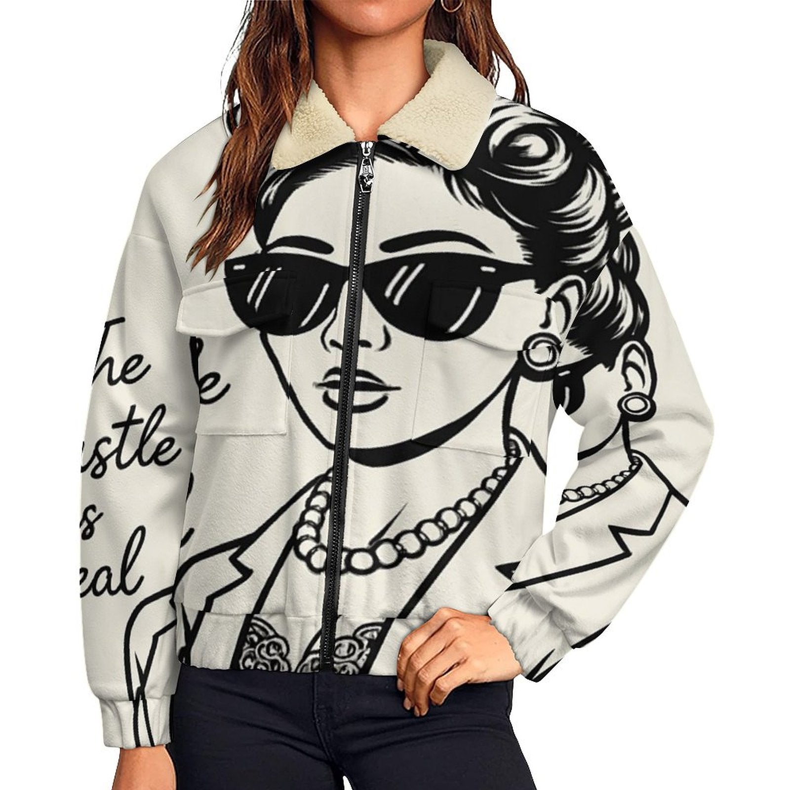 Beige women's fleece jacket with khaki sherpa lining and chest flap pockets