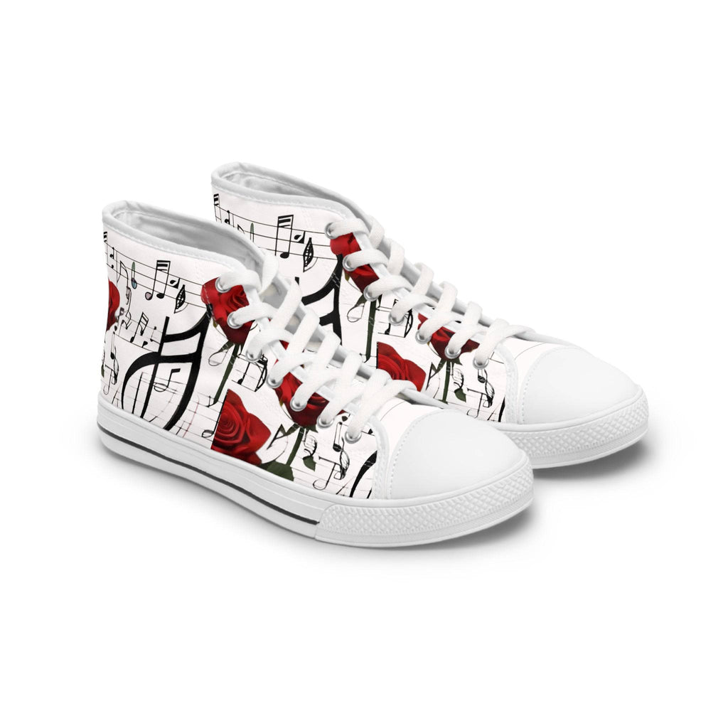 R&RH Women's High Top White Sneakers with Music Notes and Rose Design