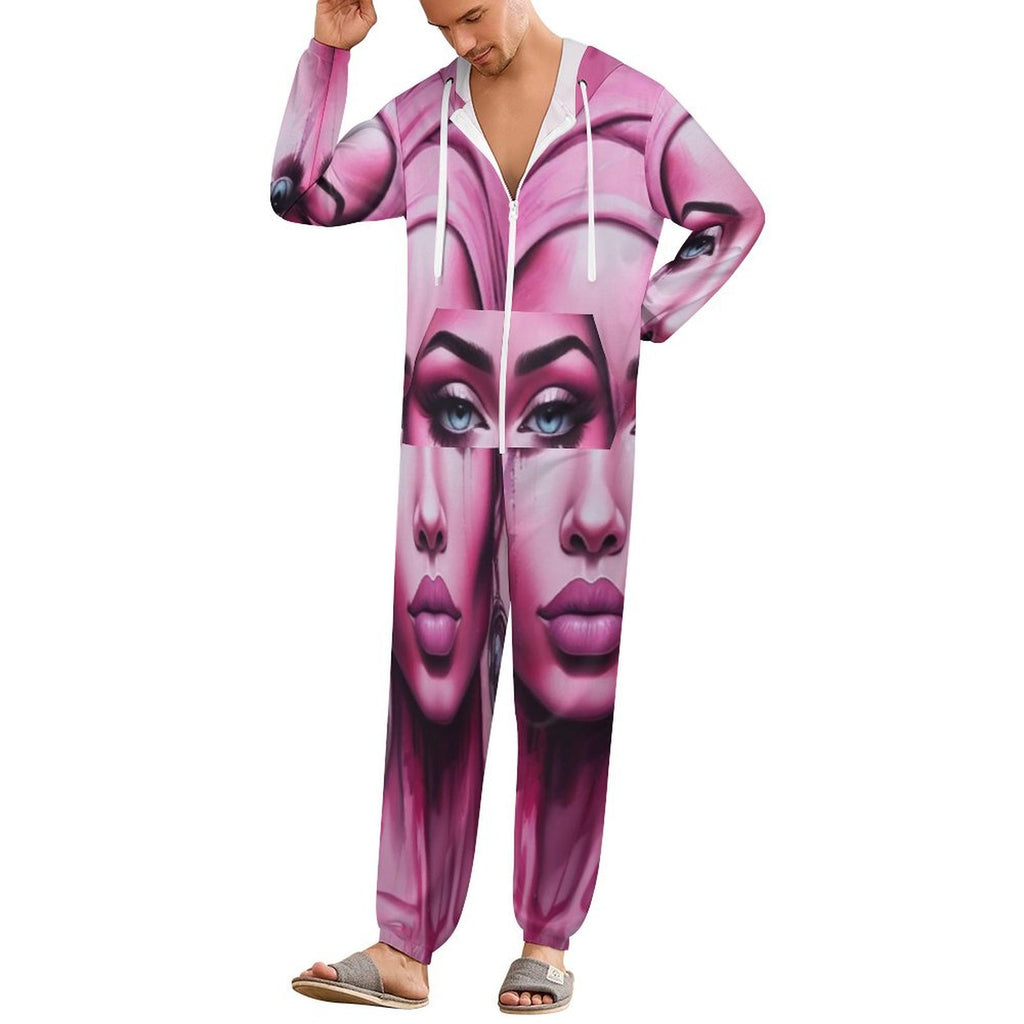 Rich and Rich Pink Her Eyes Pajamas One-Piece Zip-Up Hooded Loungewear