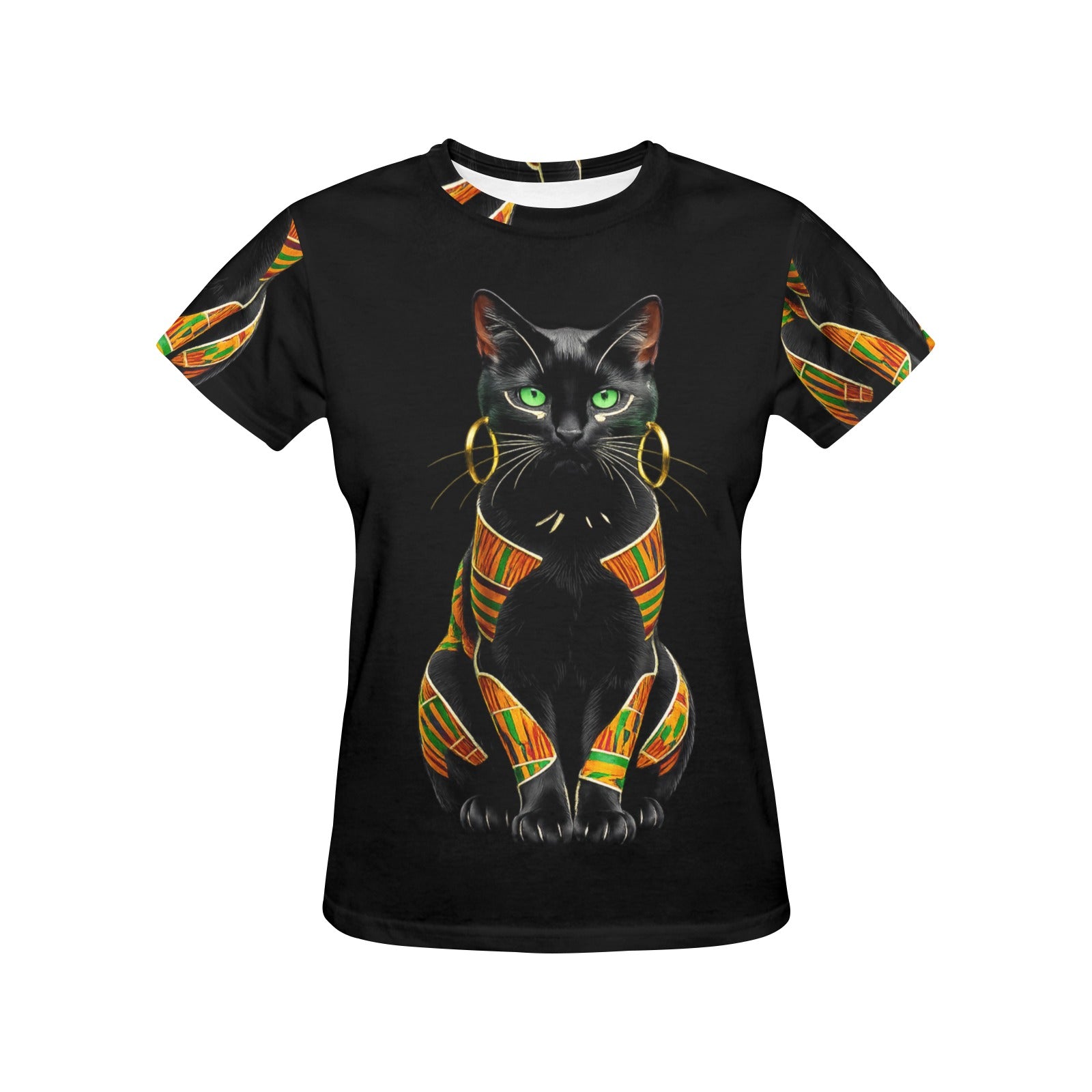 Black women's crewneck T-shirt featuring a regal black cat graphic — rear view