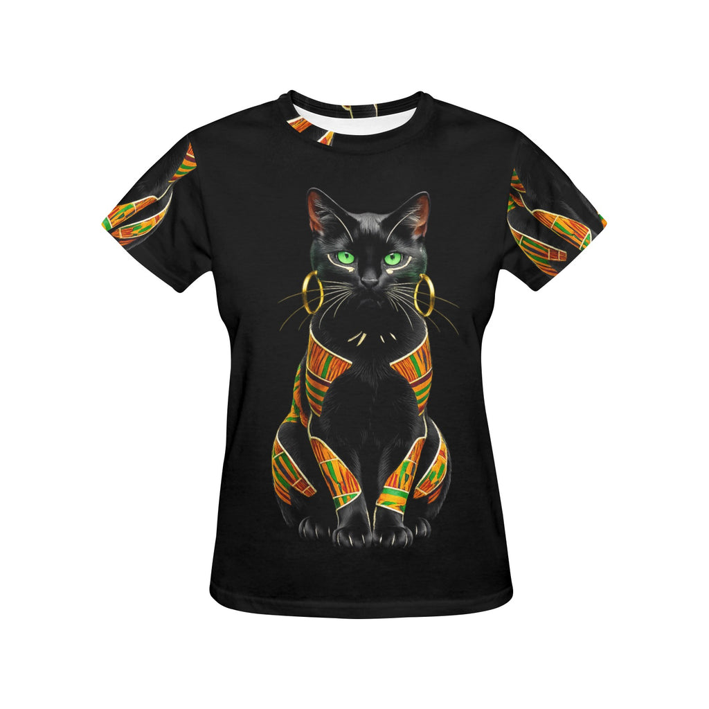 Rich and Rich Regal Black Cat with African Elegance Women's Black T-Shirt