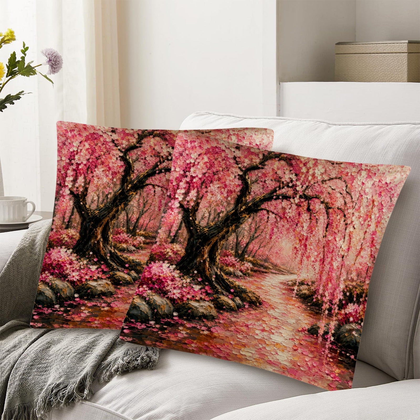 Japanese Cherry Blossom Linen Pillow 18 x 18 inch Set of 2