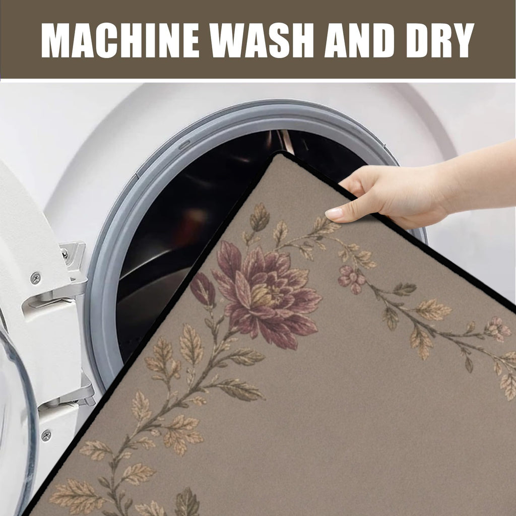 Rich and Rich beige floral area rug with black binding being placed in washing machine