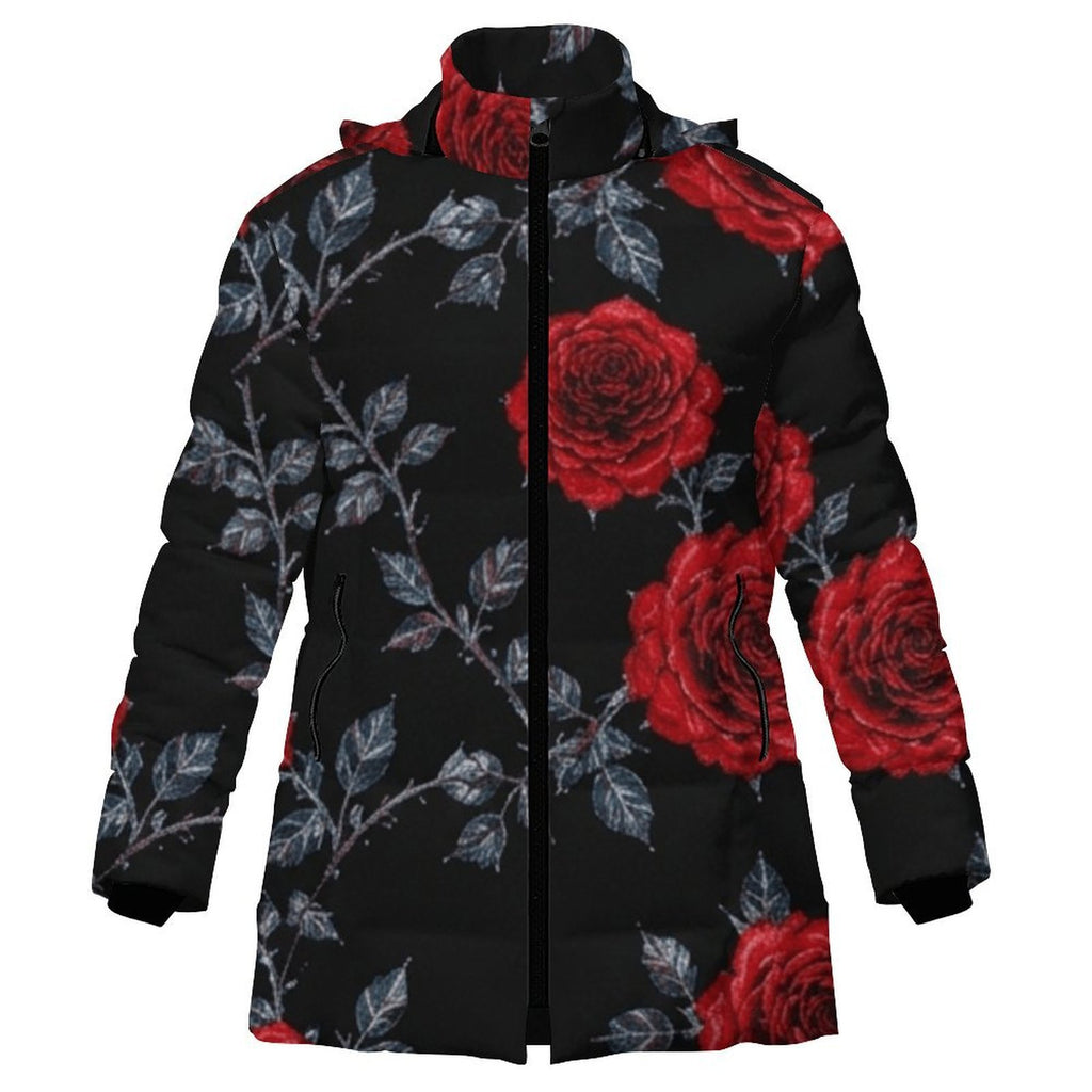 Rich and Rich Women's Black Hooded Puffer Coat with Red Roses | Luxury Floral Winter Jacket with Detachable Hood - Rich and Rich Homeopportunities