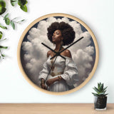Square 10-inch wall clock with wood frame, plexiglass face, and a quiet metal mechanism — rear view