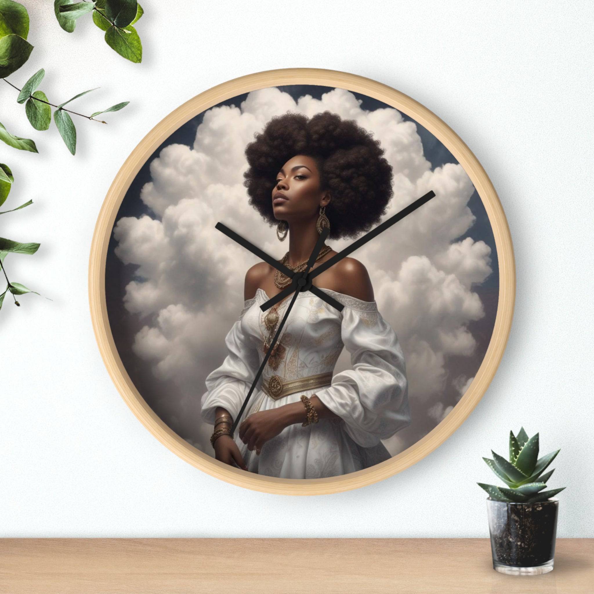R&RH Serenity Wall Clock with wood frame and plexiglass face hanging on a living room wall