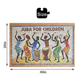 Panoramic 1000-piece wooden puzzle showing Juba dance evolution from fields to stage — rear view