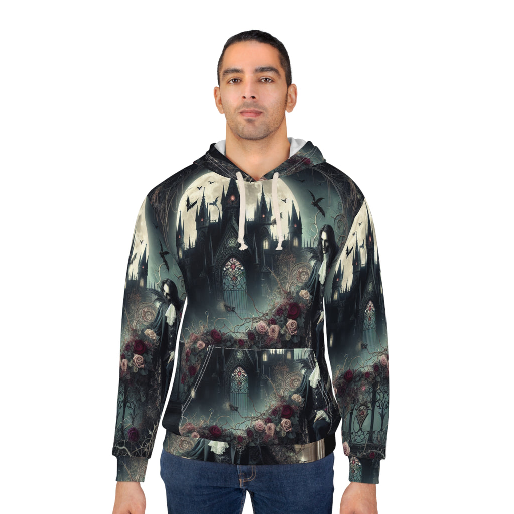 Gothic Fantasy Unisex Pullover Hoodie with dark aesthetic all-over print and adjustable hood