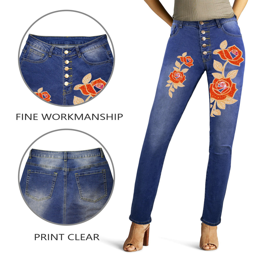 R&RH Women's Orange Rose Button Front High Waist Jeans with Front and Back Prints