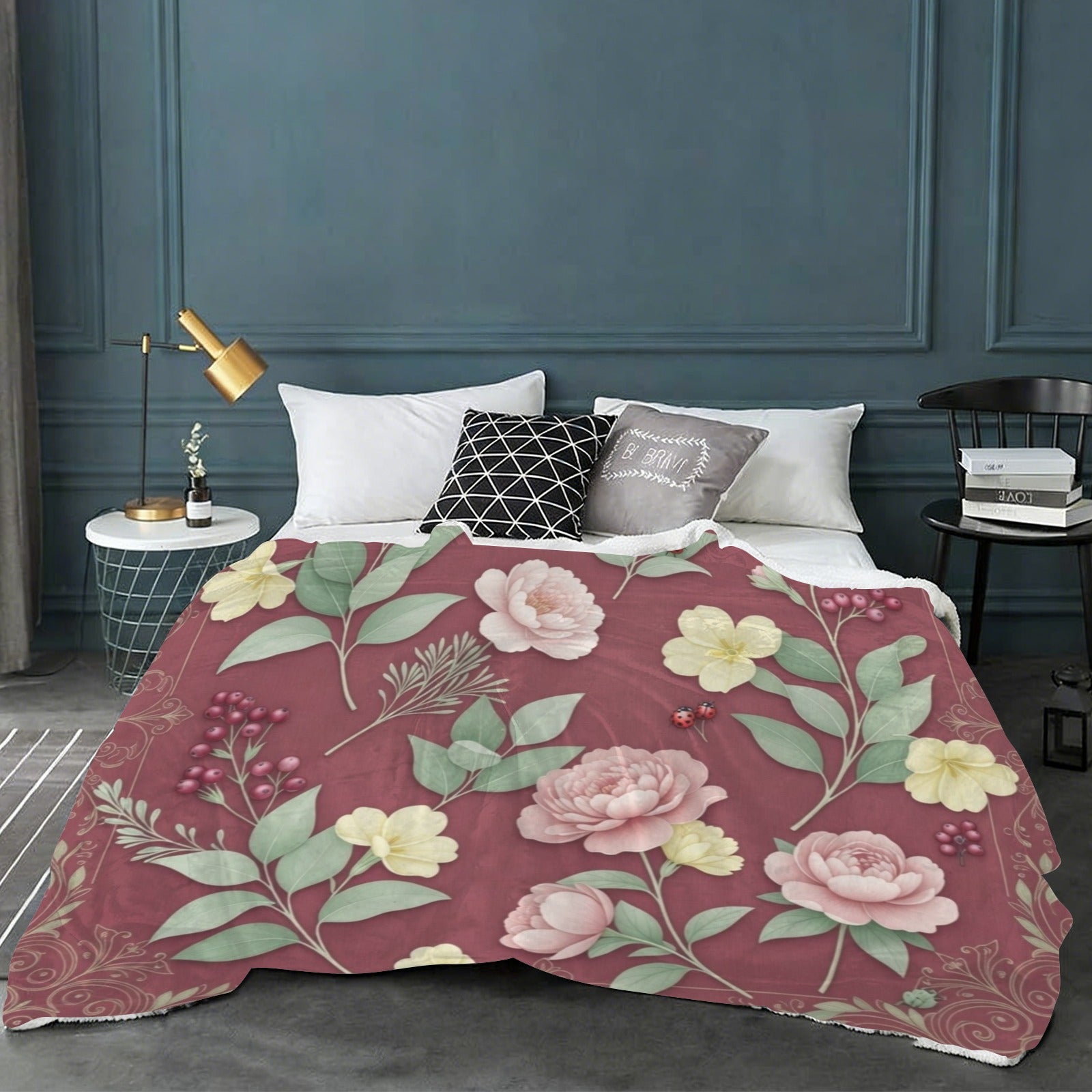 Rich and Rich Burgundy Botanical Sherpa Fleece Blanket Sherpa Fleece Blanket 90"x108" - Rich and Rich Homeopportunities