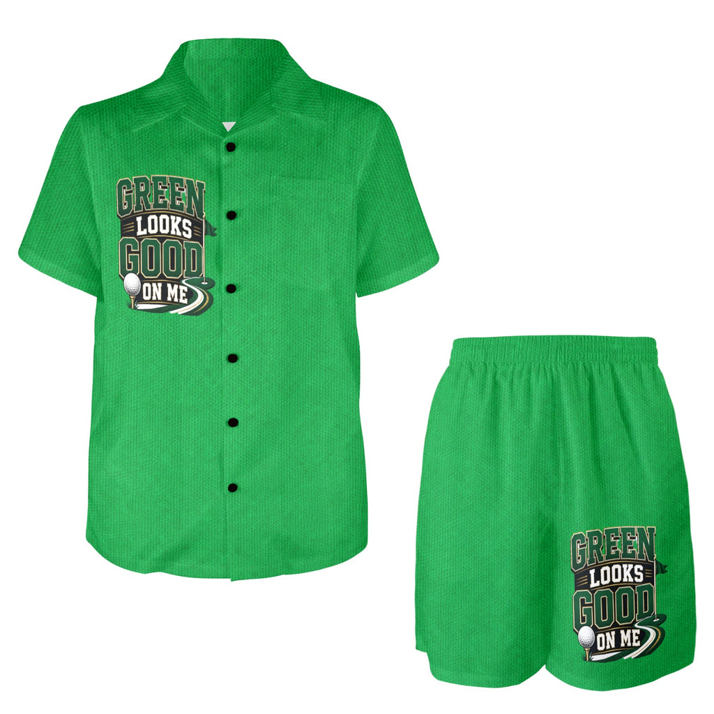 Rich and Rich Men’s Green Shirt and Shorts Golf Outfit Set with Pockets | 4-Way Stretch Casual Resort Set