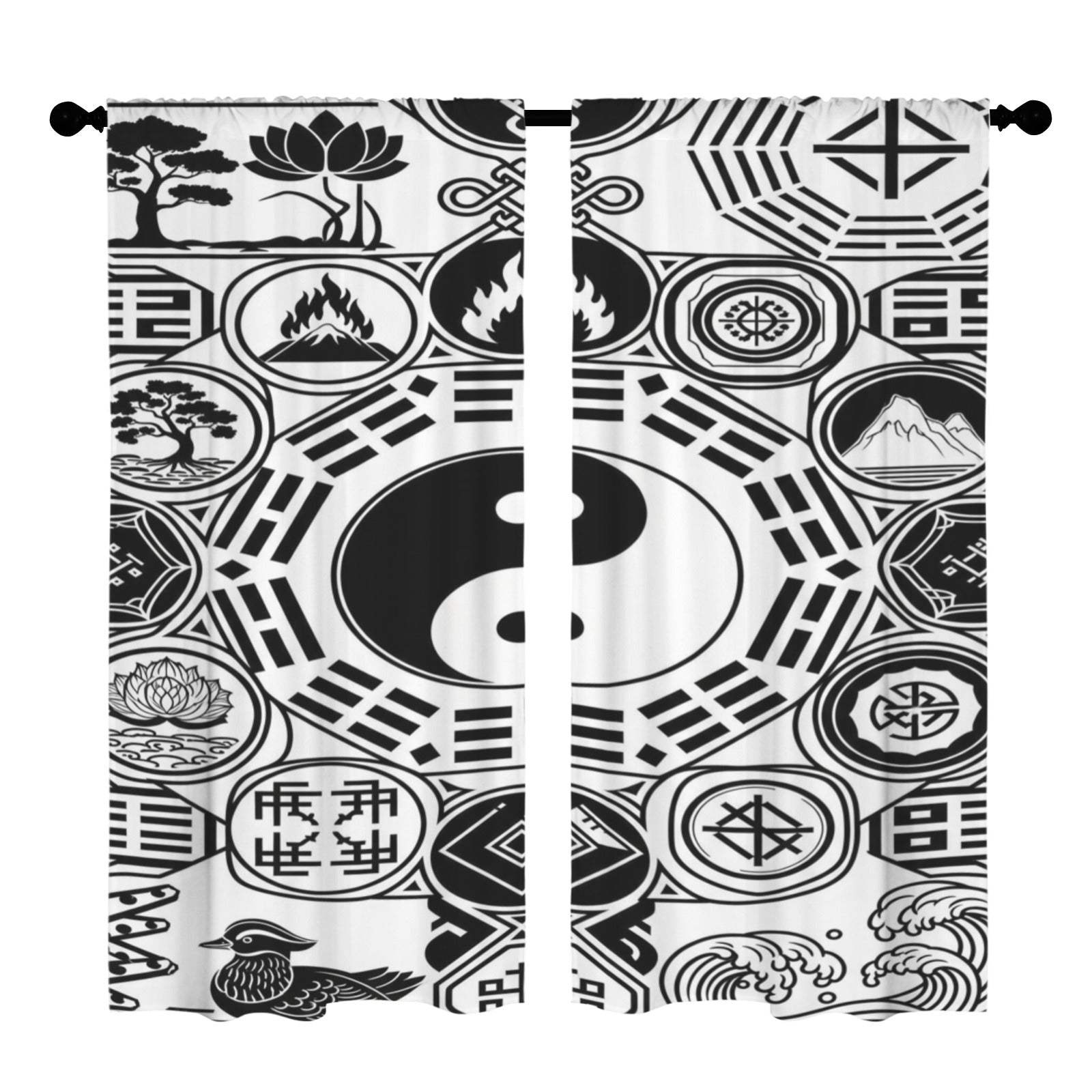 Rich and Rich Black and White Feng Shui Curtain and Rug Bundle in modern home setting