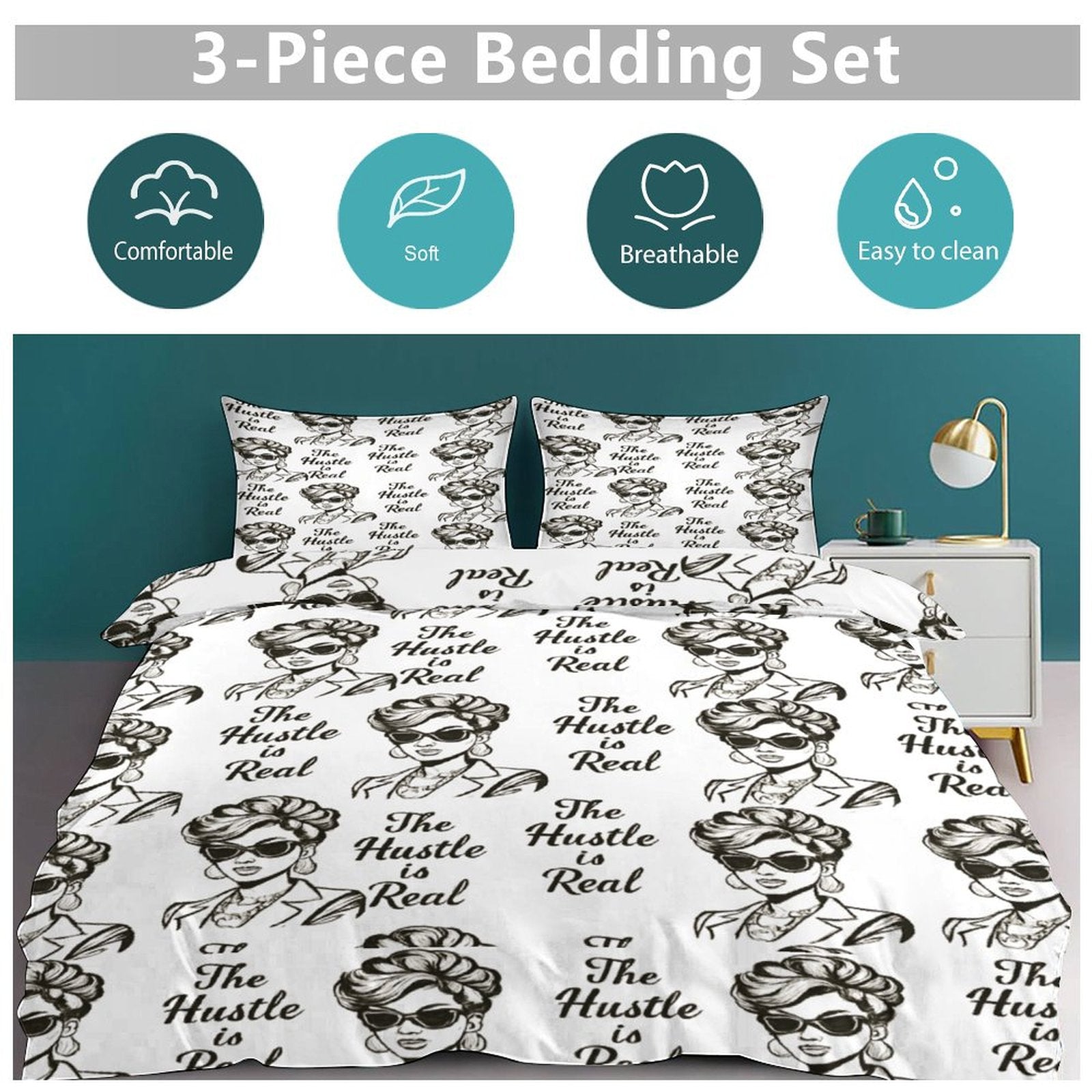 Rich and Rich The Hustle Is Real White 3-Piece Bedding Set (1 Duvet Cover + 2 Pillow Shams)
