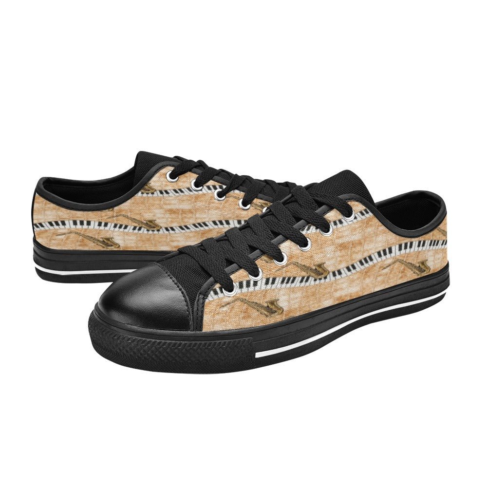 Men’s beige low-top sneakers with piano and saxophone artwork and navy-black accents — product detail