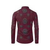Men's long-sleeve burgundy geometric dress shirt with button-down collar and chest pocket — side view