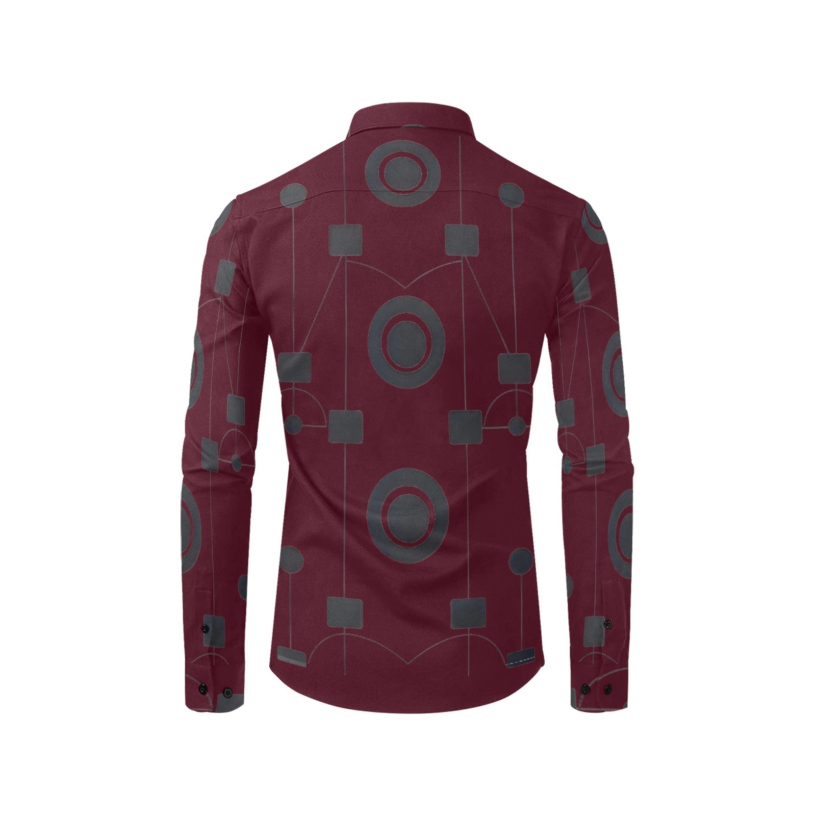 Men's long-sleeve burgundy geometric dress shirt with button-down collar and chest pocket — side view