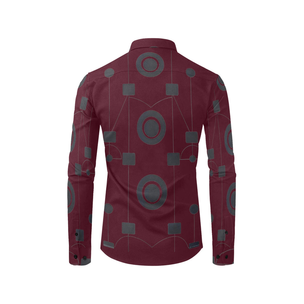 R&RH Burgundy Geometric Men's Long Sleeve Casual Dress Shirt with Chest Pocket