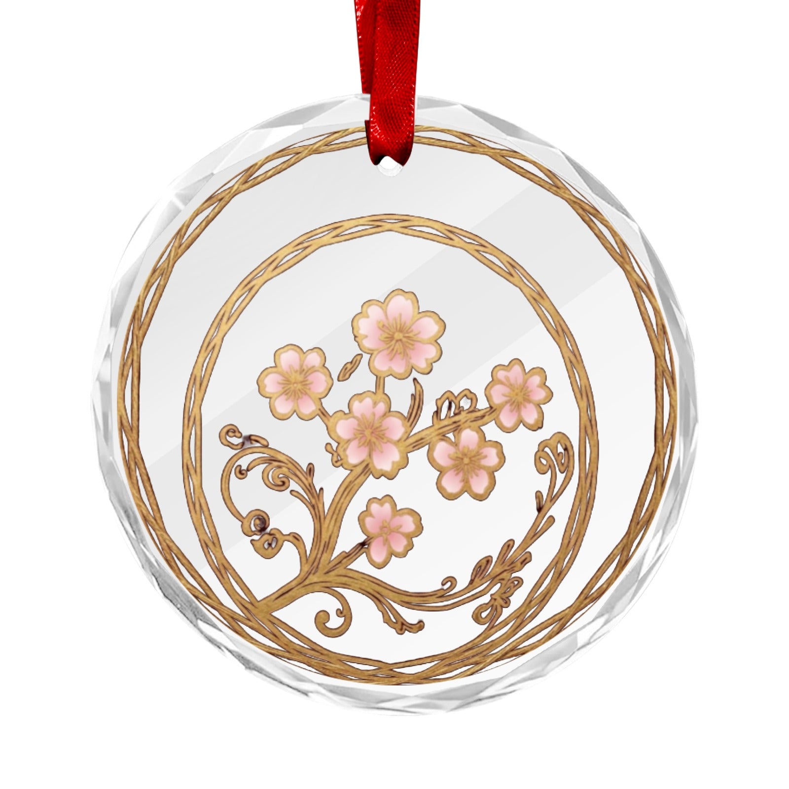Rich and Rich Japanese Cherry Blossom Round Crystal Glass Ornament