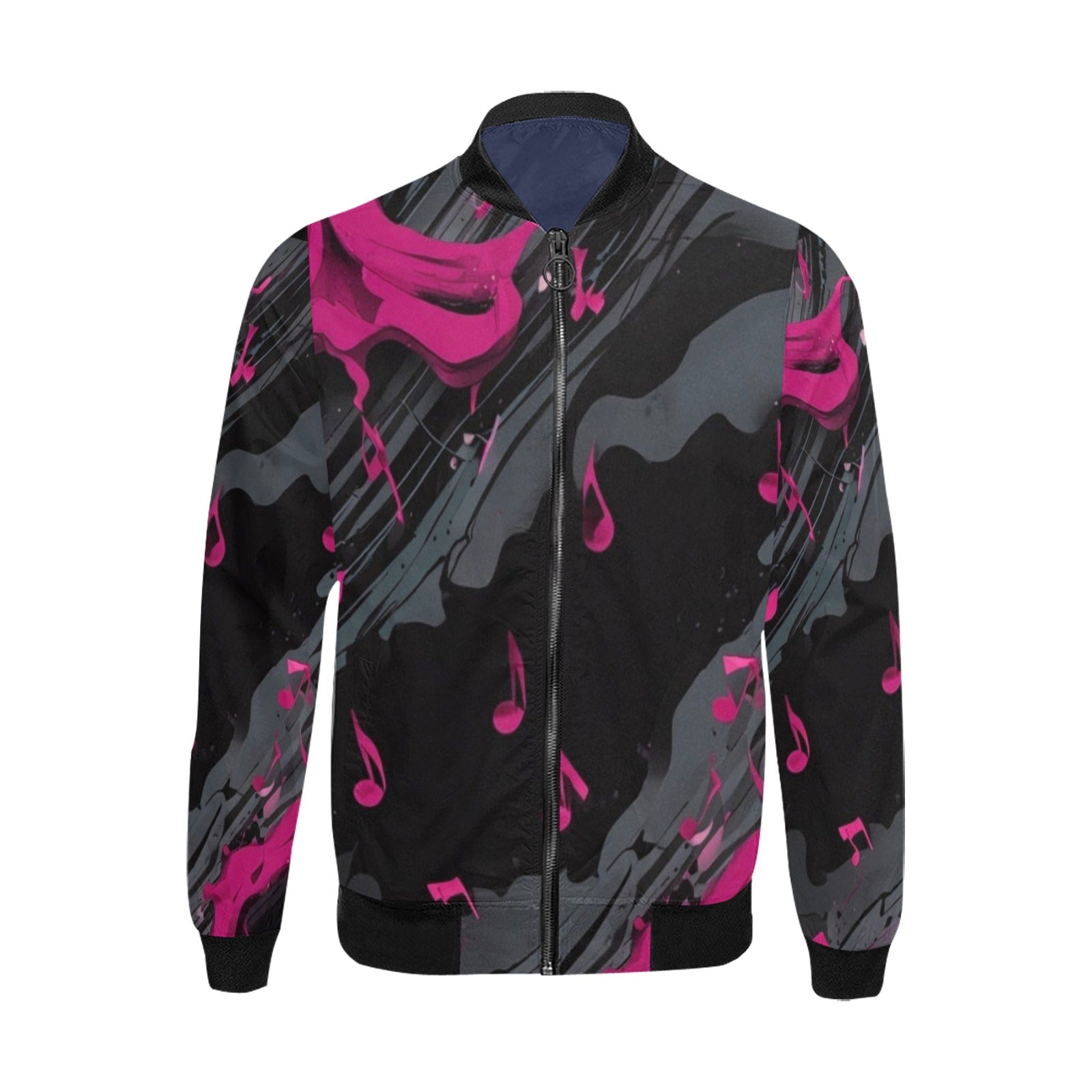 Men's magenta all-over print bomber jacket with front zip and pouch pockets — product detail