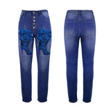 High-waist women's boot jeans with Royal Blue Rose front print and five-button fly — side view