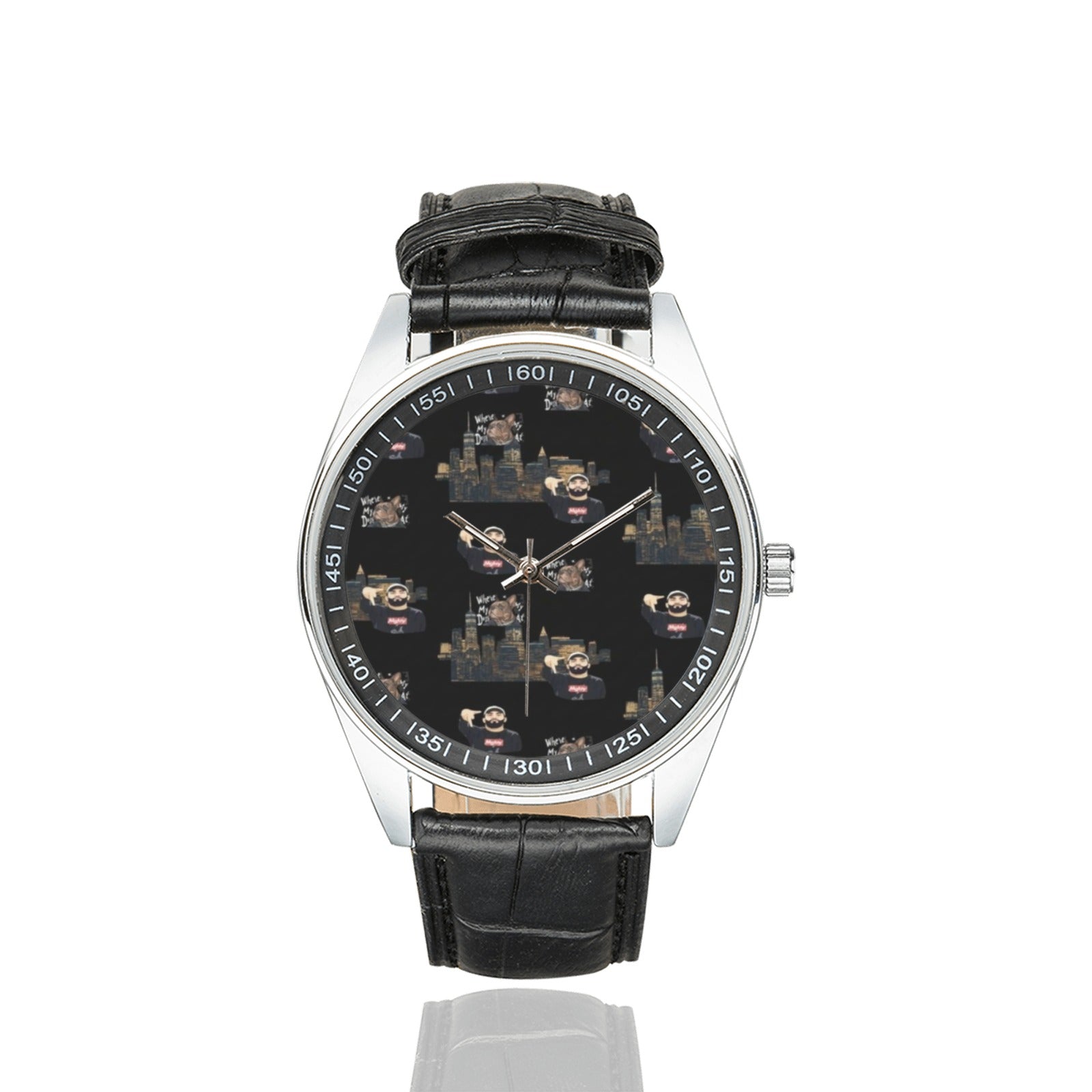 Rich and Rich Men's Caricature Black Leather Strap Watch with silver stainless steel case and black leather band
