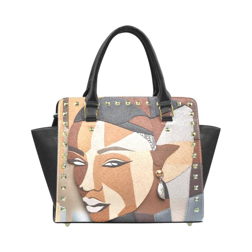 R&RH Abstract Brown Rivet Shoulder Handbag made of high-grade PU leather with adjustable strap