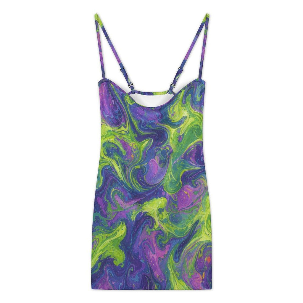 Rich and Rich Key Lime and Purple Abstract Women’s Bodycon Dress | Adjustable Cami Strap Sleeveless Mini Dress