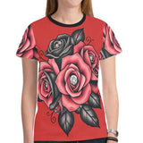 Red women's t-shirt with roses and diamonds all-over print in polyester mesh — alternate view