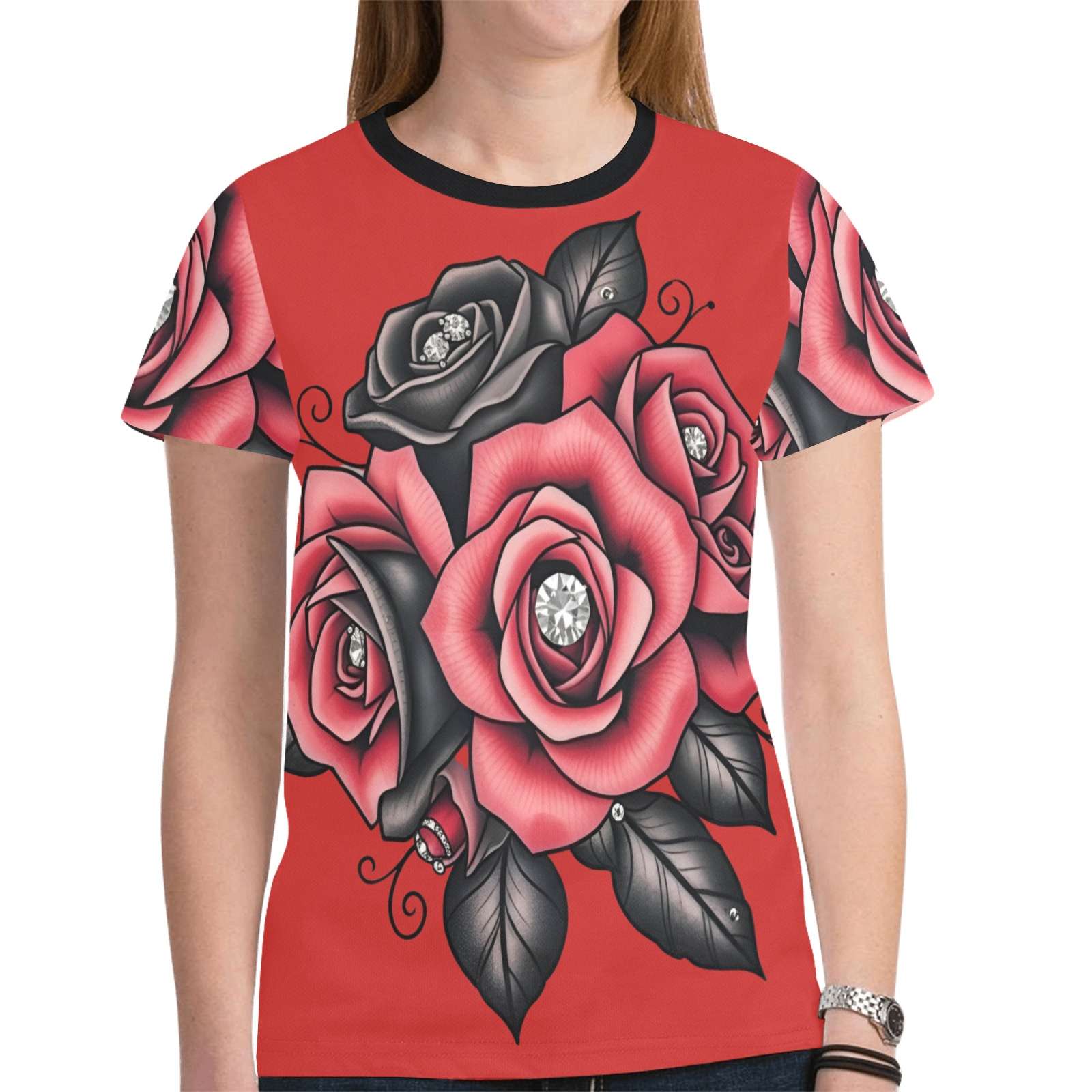 Red women's t-shirt with roses and diamonds all-over print in polyester mesh — alternate view