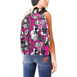 Pink unisex backpack with musical instruments print in 1200D nylon and spacious main compartment — rear view