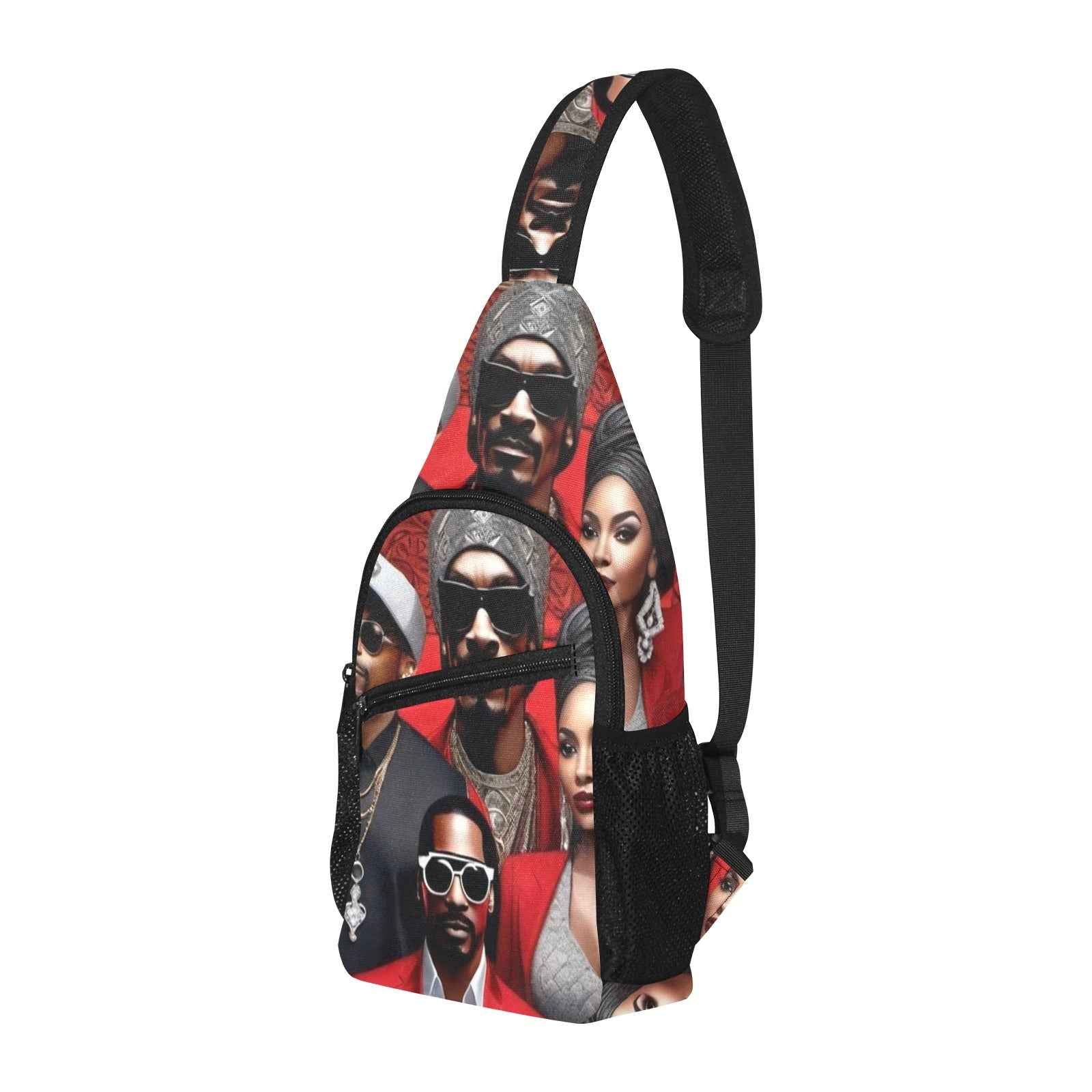 Red caricature all-over print chest bag with adjustable shoulder strap and multiple pockets — product detail
