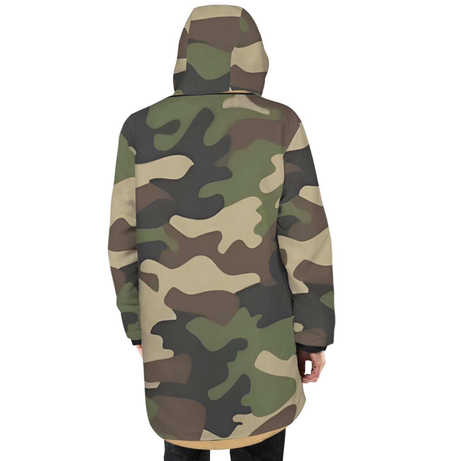 R&RH Camo Green Men's Mid-Length Hooded Coat with fleece lining and hood