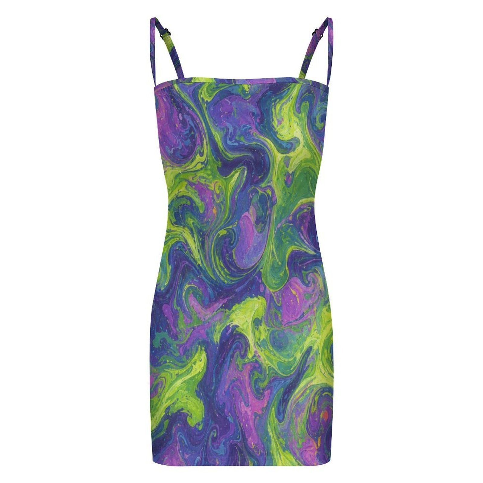 Rich and Rich Key Lime and Purple Abstract Women’s Bodycon Dress | Adjustable Cami Strap Sleeveless Mini Dress