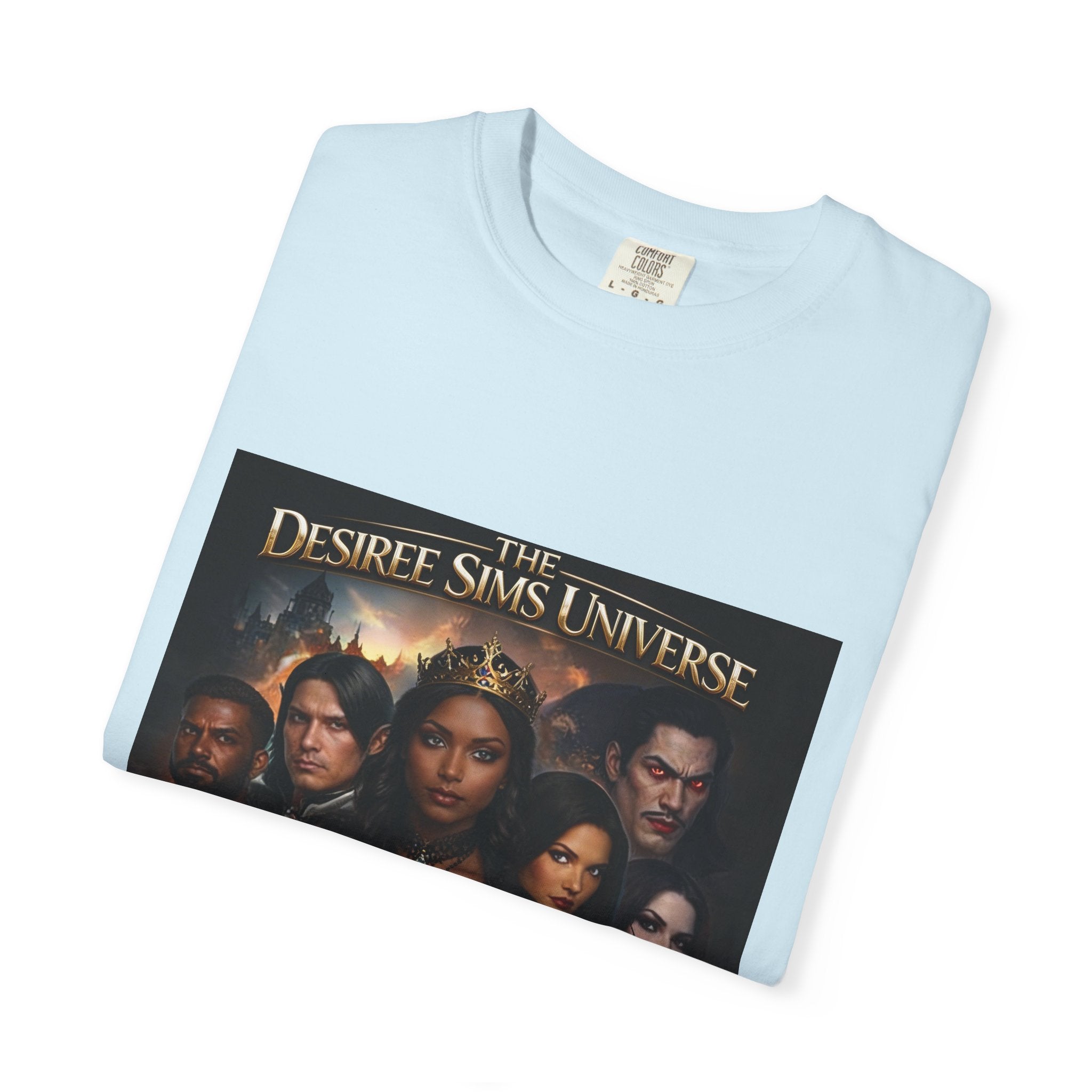 Desiree Sims Universe Fantasy Series Cast Poster T-shirt with cinematic magic print on garment-dyed fabric