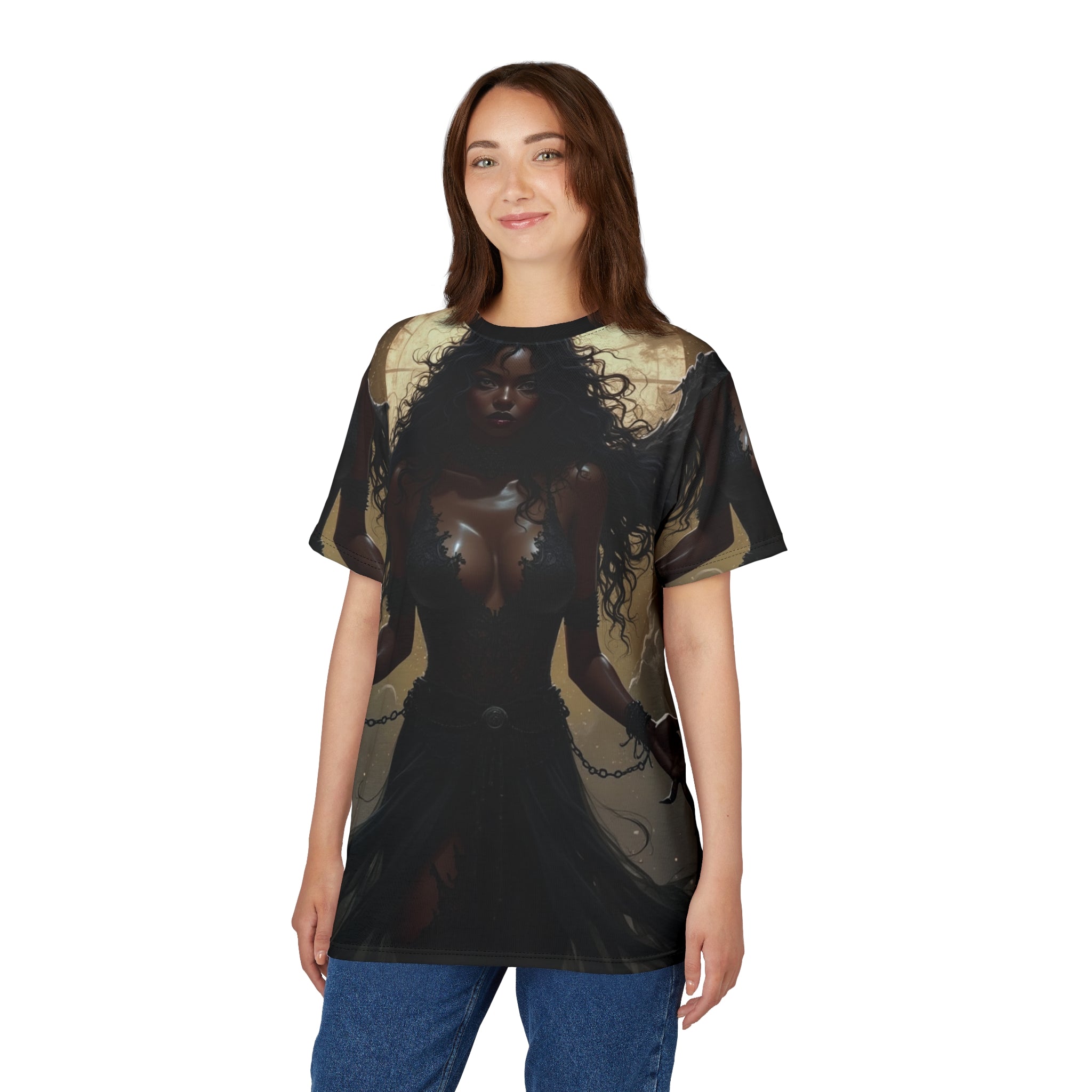 Gothic Angel Unisex All Over Print Graphic Tee featuring dark fantasy artwork
