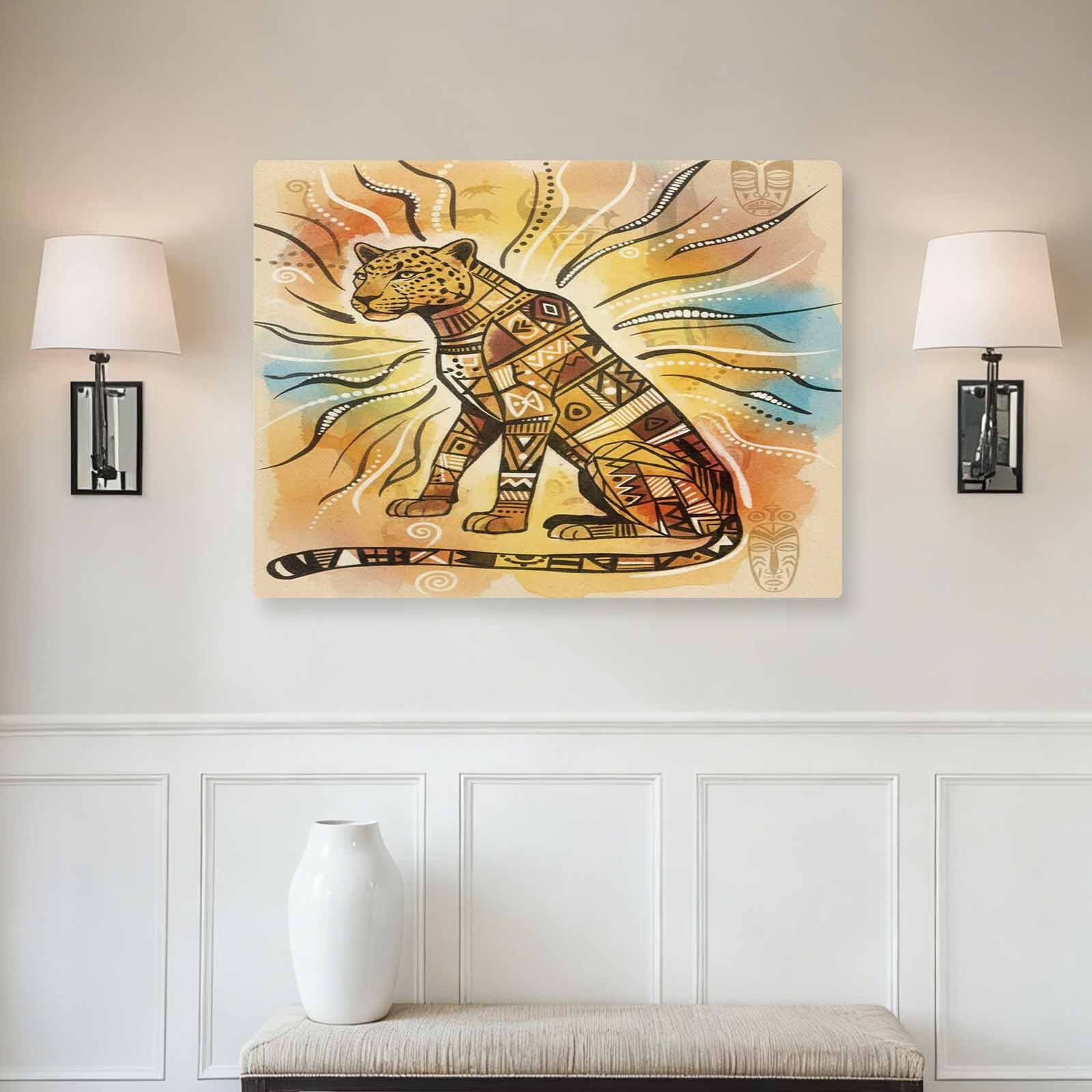 Leopard safari scene printed on 32 x 24 stretched canvas with wooden frame — rear view