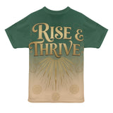 Women's relaxed-fit green all-over print mesh T-shirt with 'Rise & Thrive' design — product detail