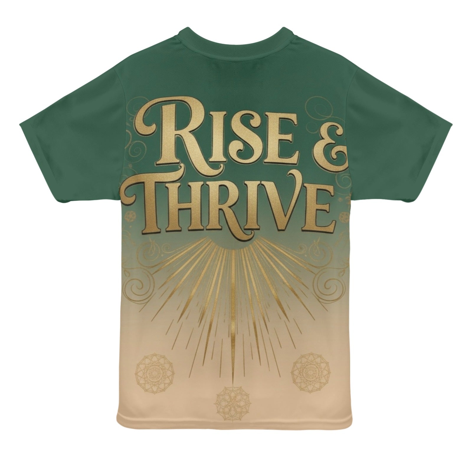 Women's relaxed-fit green all-over print mesh T-shirt with 'Rise & Thrive' design — product detail