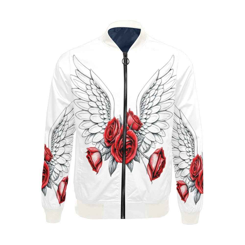 White bomber jacket with red wings and roses all-over print, ribbed collar and zip front