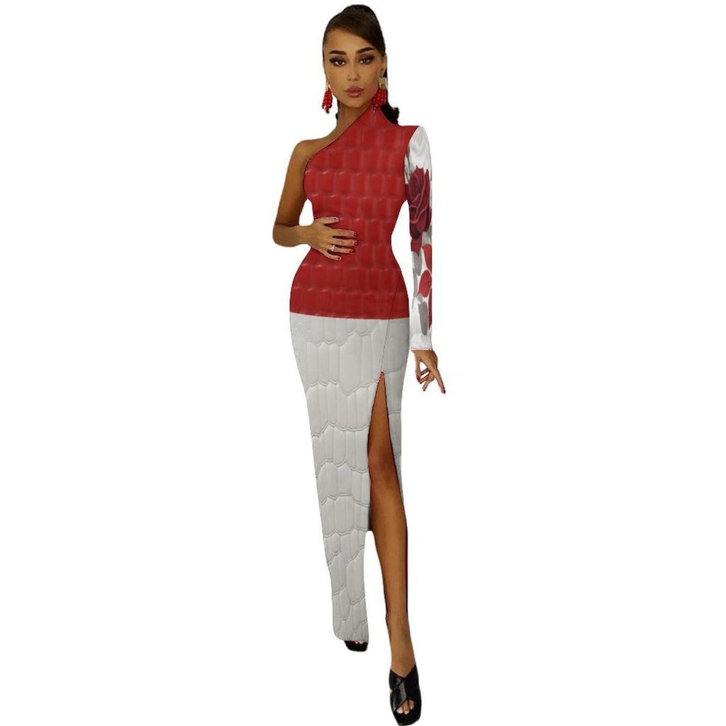 Rich and Rich women's red and white rose one-shoulder slit maxi dress with half sleeves