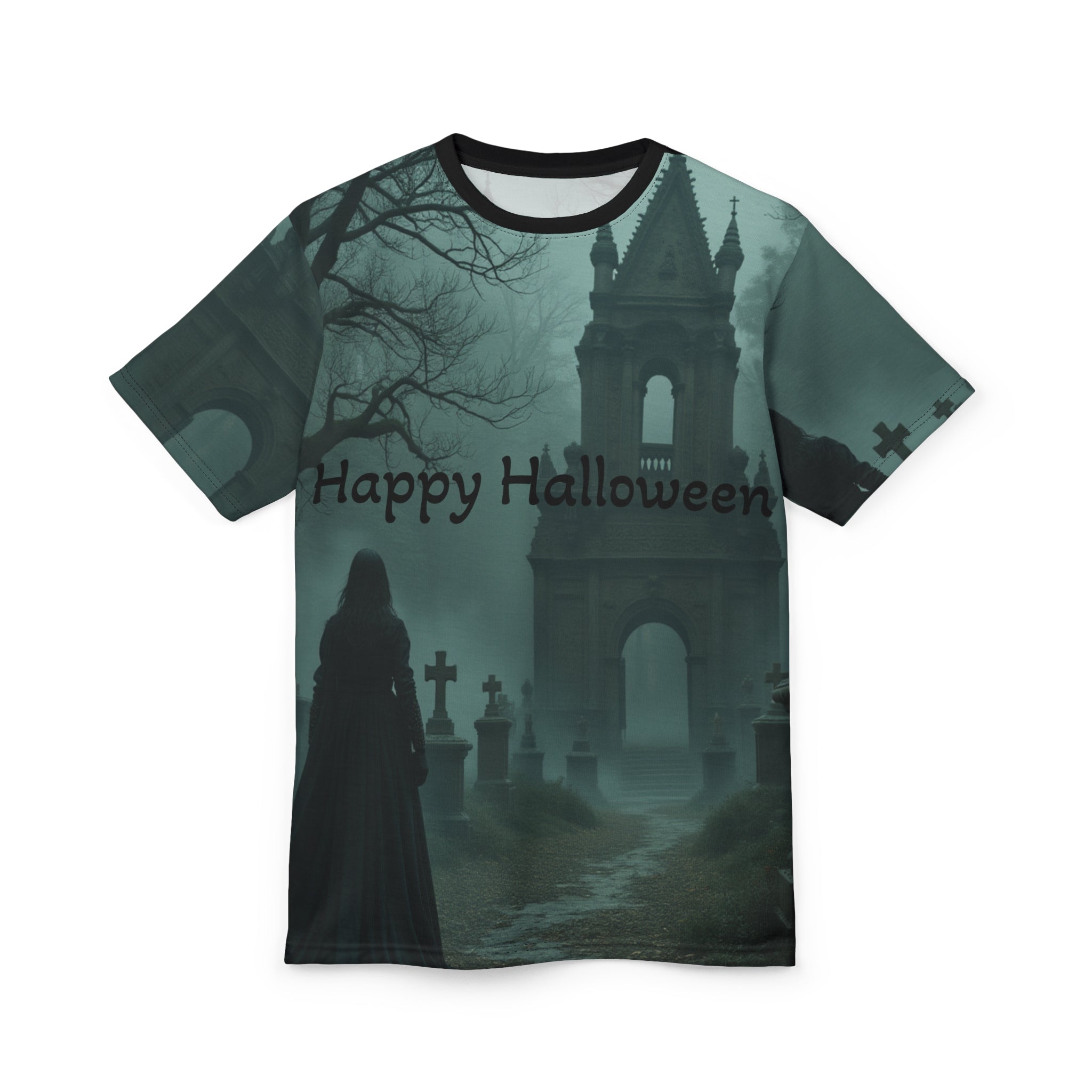 Halloween Unisex Tee, Spooky Graphic T-Shirt, Halloween Party Wear, Ghostly AOP Shirt, Gothic Casual Tee