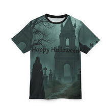 Load image into Gallery viewer, Halloween Unisex Tee, Spooky Graphic T-Shirt, Halloween Party Wear, Ghostly AOP Shirt, Gothic Casual Tee
